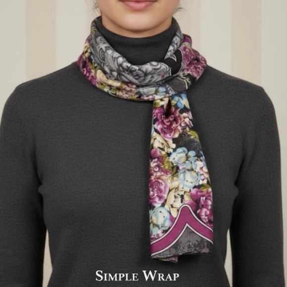 Elegant Vibrant Coloured Floral Print Scarf with Frayed Edge - Picture 9 of 10